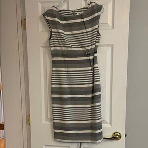 Calvin Klein Gray and White Striped Midi Dress